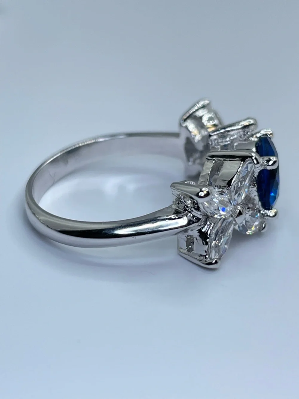 Sapphire Blue Diamond White Swarovski Crystal Elements Floral Ring Silver Sz 7